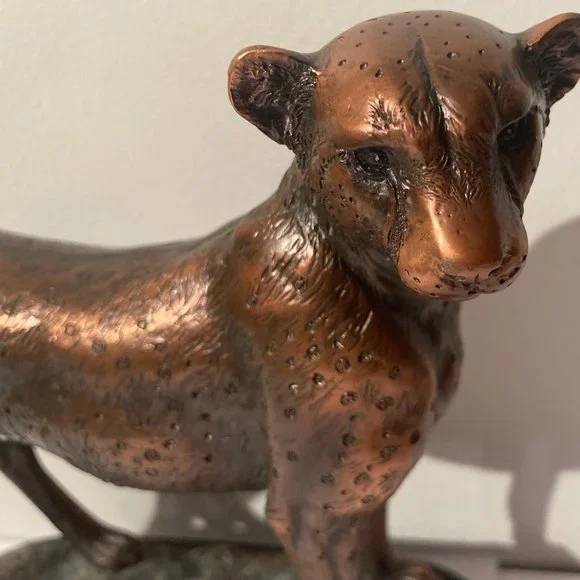 Vintage Copper Metal Statue Sculpture Leopard, Big Cat, Wildlife, Heavy Duty, 9"